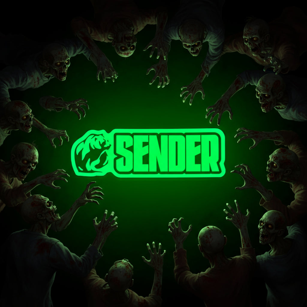Green 'SENDER' logo on a black background