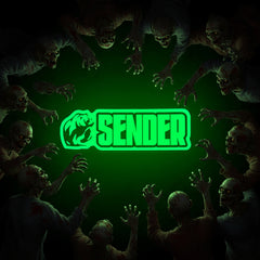 Green 'SENDER' logo on a black background