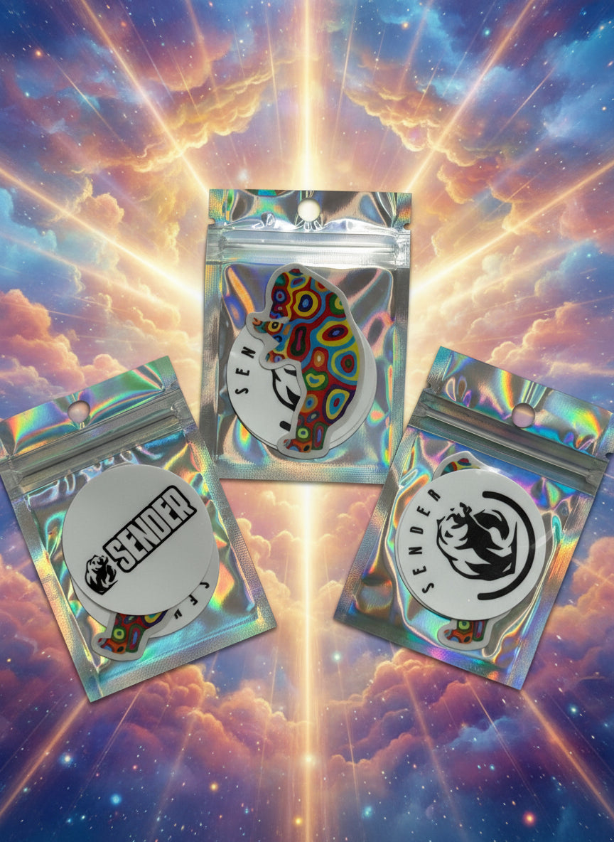 Holographic packaging with stickers on a gray background