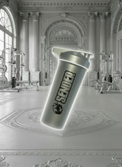 Silver Shaker Bottle with 'Seiden' logo on a light gray background